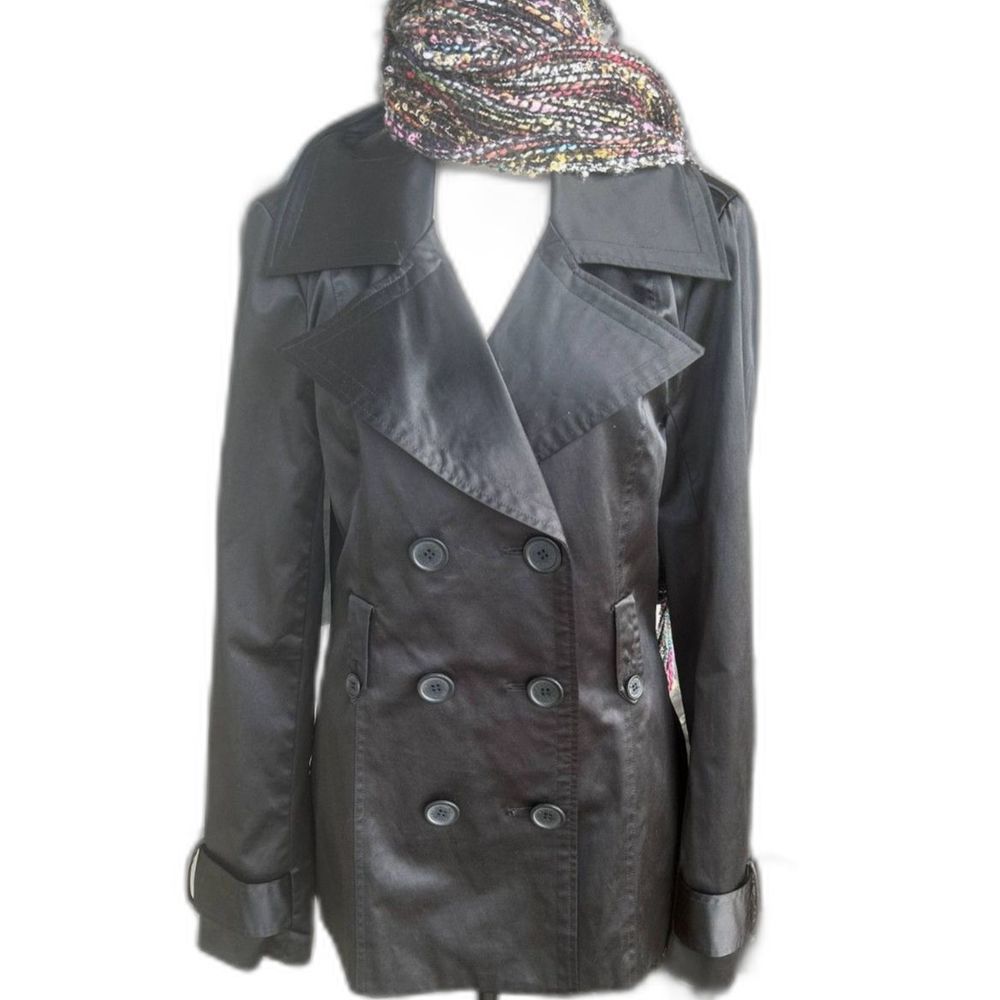 GUESS womans trench coat shimmery Black double brested front pockets cuffs Large